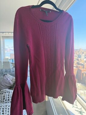 BCBG Wine Maroon Bell Sleeve Cable Knit Sweater